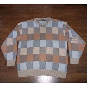 Norm Thompson Sweater Mens Large Blue Brown Beige Gray Check Made in Canada